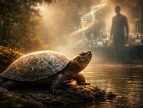 Teknős és más hüllő sziluettje naplementében, a hosszú élettartam jelképe, öregedésre utalva.