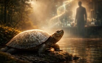 Teknős és más hüllő sziluettje naplementében, a hosszú élettartam jelképe, öregedésre utalva.