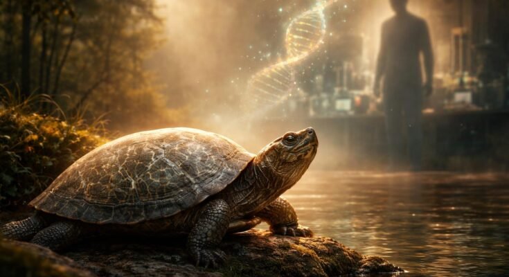 Teknős és más hüllő sziluettje naplementében, a hosszú élettartam jelképe, öregedésre utalva.