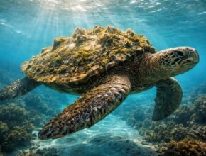 Teknős látható, lassú mozgással, merev páncélja védi testét a külső veszélyektől.