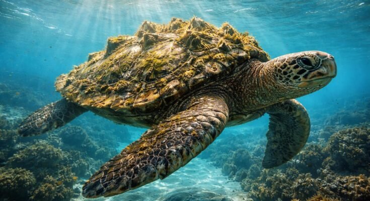 Teknős látható, lassú mozgással, merev páncélja védi testét a külső veszélyektől.