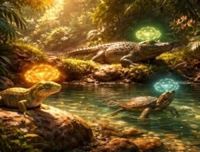 Hüllő intelligenciát vizsgáló kísérlet közben figyelő gekkó és vizsgálók együtt a laborban