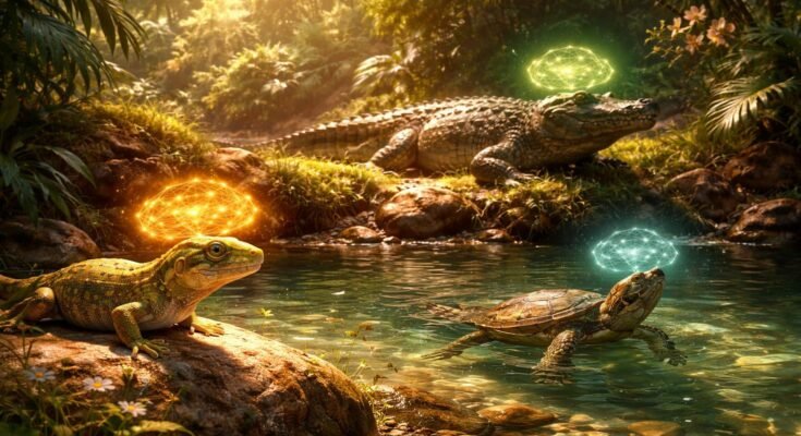 Hüllő intelligenciát vizsgáló kísérlet közben figyelő gekkó és vizsgálók együtt a laborban