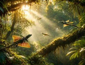 Zöld lombkoronában repülésre kész vitorlázó sárkányok csodálatos jelenete a dzsungelben.