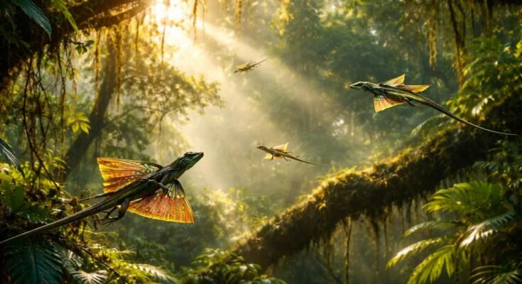 Zöld lombkoronában repülésre kész vitorlázó sárkányok csodálatos jelenete a dzsungelben.