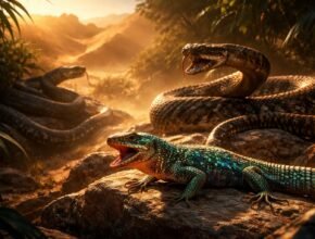 Mérges szépségű pikkelyes kígyó fogaival, színpompás megjelenésben tárul elő a sötét lomb között.