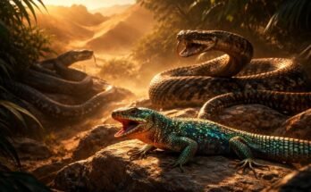 Mérges szépségű pikkelyes kígyó fogaival, színpompás megjelenésben tárul elő a sötét lomb között.