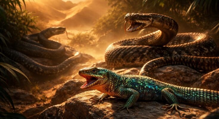 Mérgező szépségek: A világ legveszélyesebb, mégis lenyűgöző pikkelyesei Mérges szépségű pikkelyes kígyó fogaival, színpompás megjelenésben tárul elő a sötét lomb között.