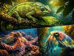 Különböző élőlények rejtőzködnek színnel és textúrával a természetben, példát mutatva.