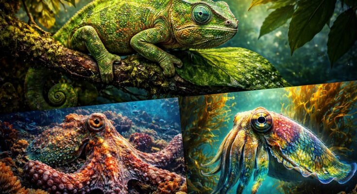 Különböző élőlények rejtőzködnek színnel és textúrával a természetben, példát mutatva.