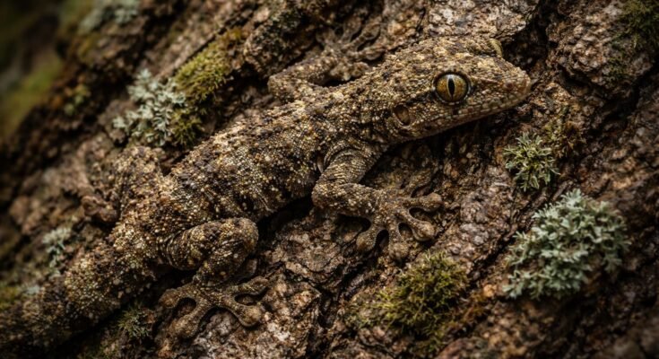 Egy gyík teljesen beleolvad a fatörzs színébe és textúrájába, láthatatlan.